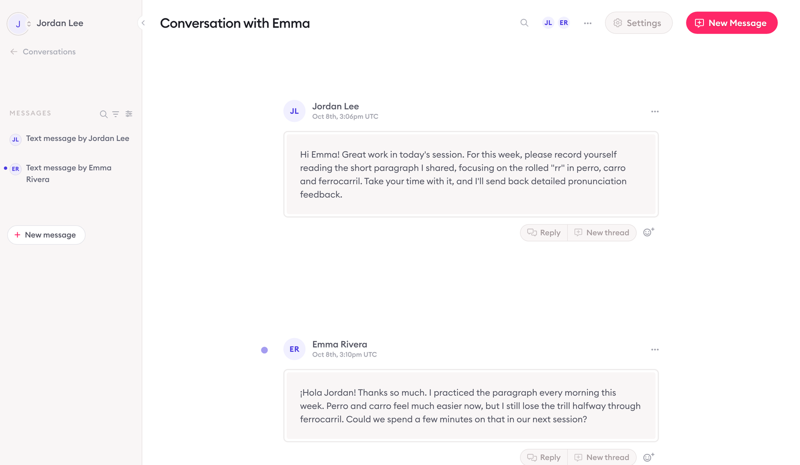 A Clarityflow conversation titled 'Conversation with Emma': the coach's text message asking for a pronunciation recording, and below it the client's reply asking to practice the rolled R in the next session
