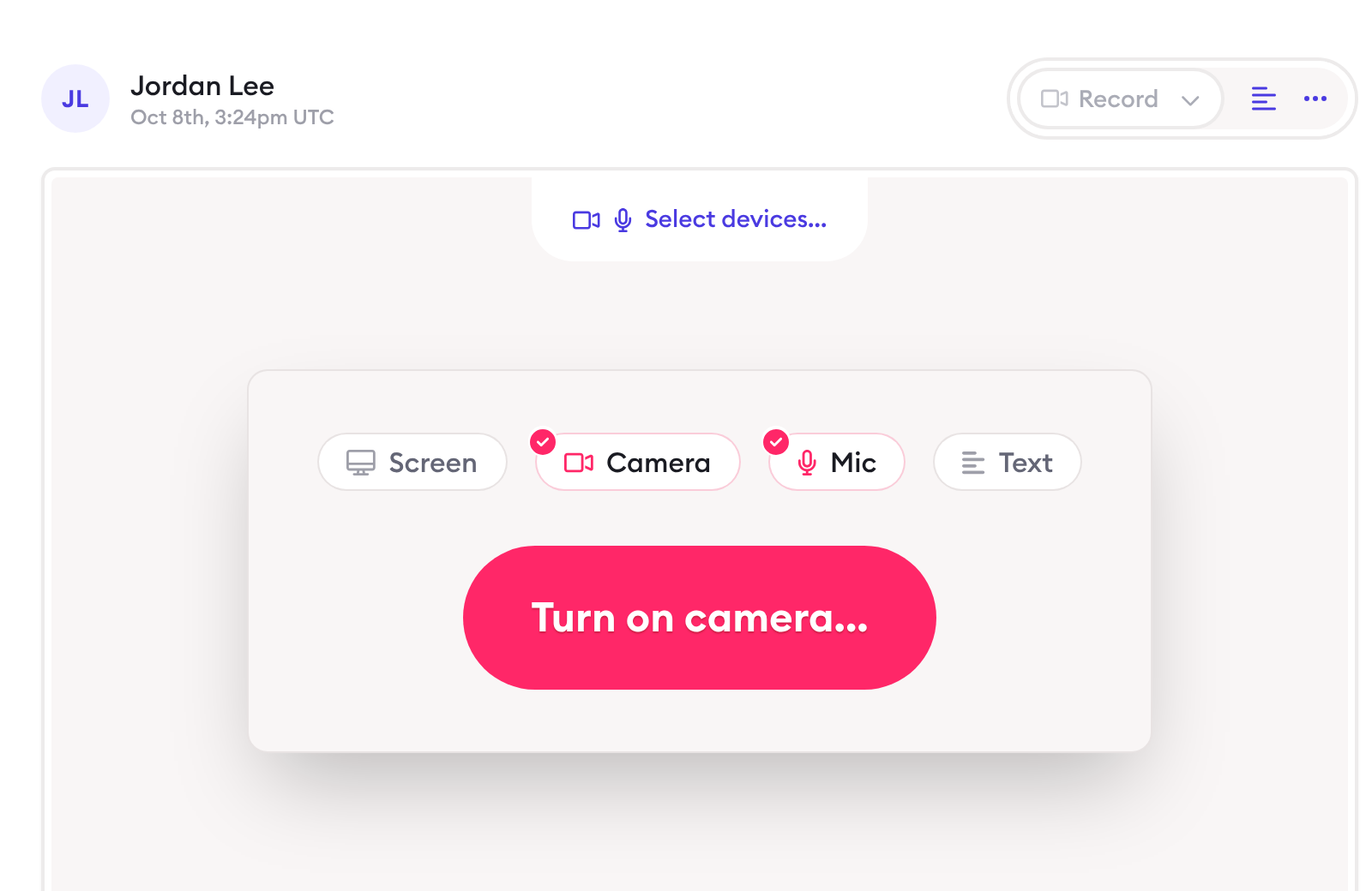 Clarityflow message composer on the web with the recording options Screen, Camera, Mic and Text, Camera and Mic selected, and a 'Turn on camera…' button