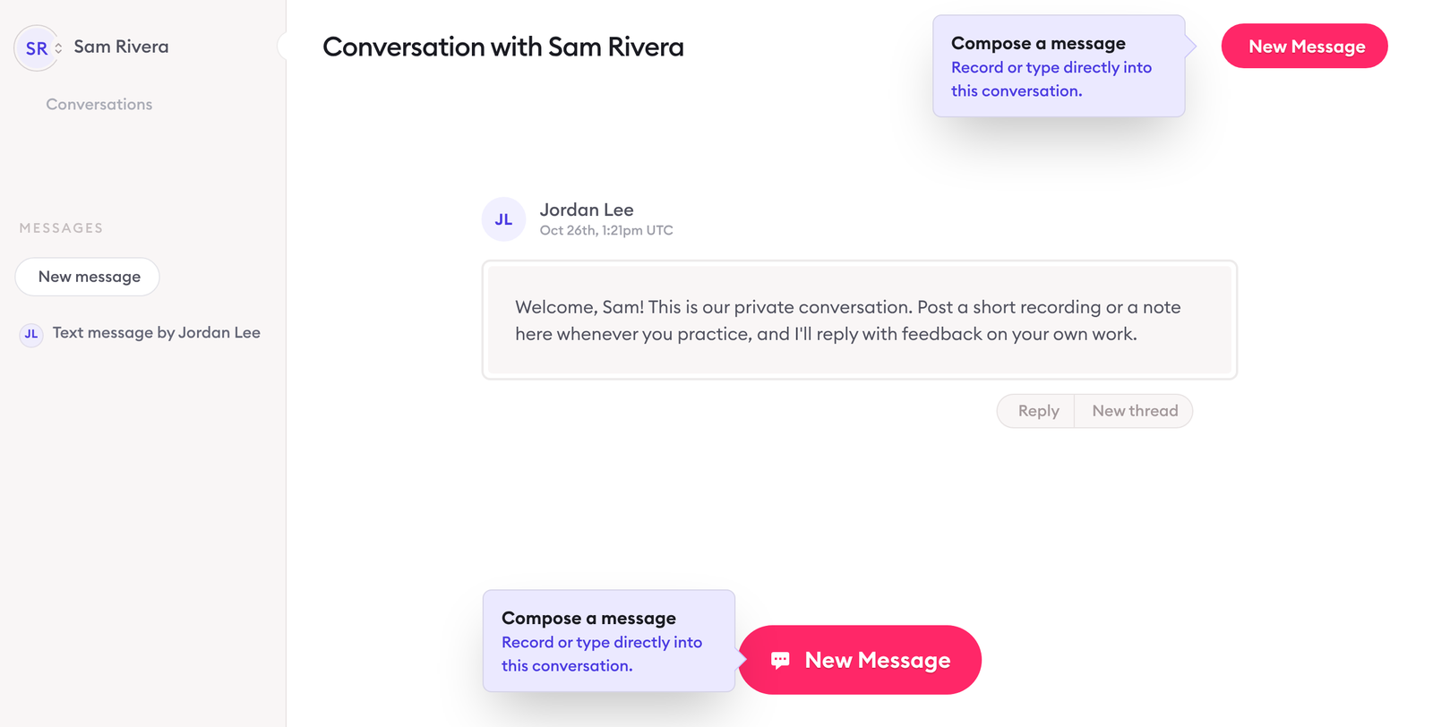 A sample client's first view of 'Conversation with Sam Rivera' in Clarityflow, with the coach Jordan Lee's welcome message and a Reply button.
