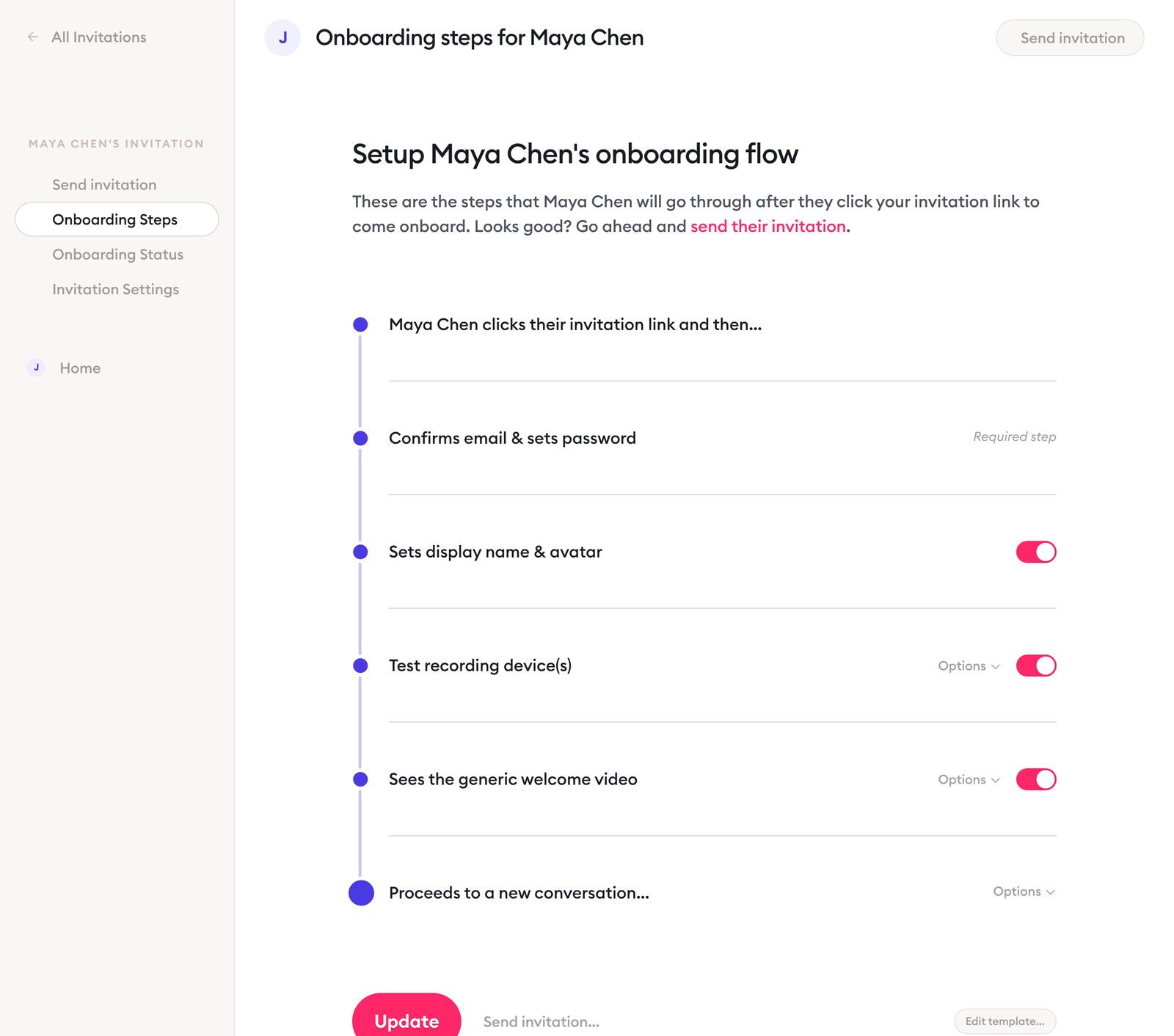 Clarityflow's onboarding steps for a sample invitation: confirms email and sets password (required step), sets display name and avatar, tests recording devices and sees the welcome video, each with an on/off switch, then proceeds to a new conversation.