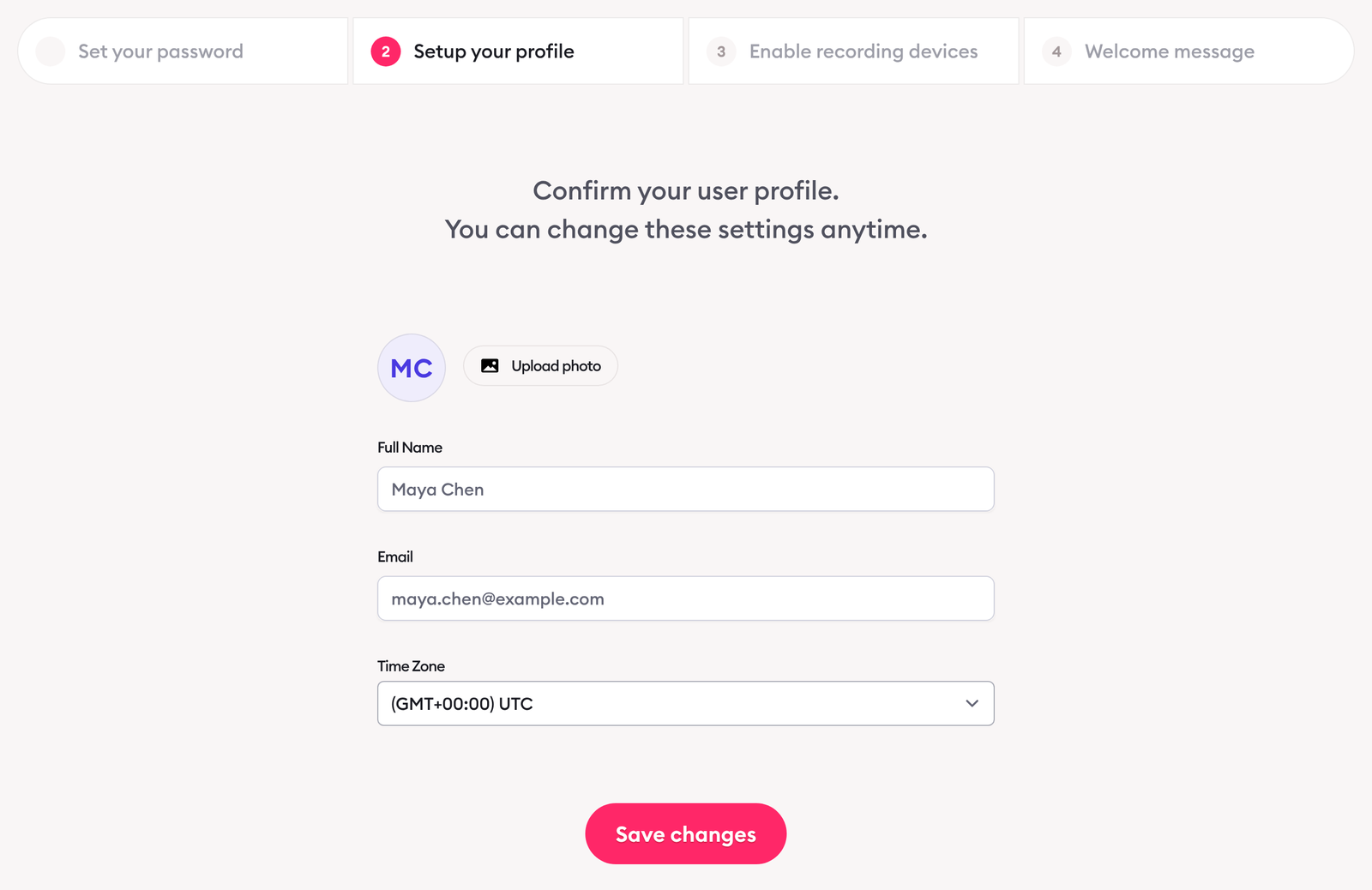 Clarityflow onboarding step 'Setup your profile': 'Confirm your user profile.' with the sample name Maya Chen, her example.com email and a time zone.
