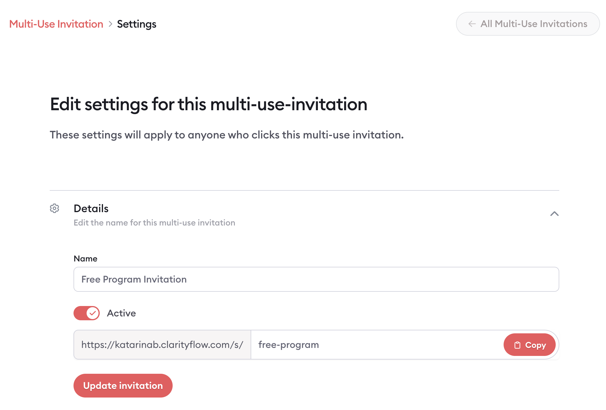 edit multi-use invitation settings