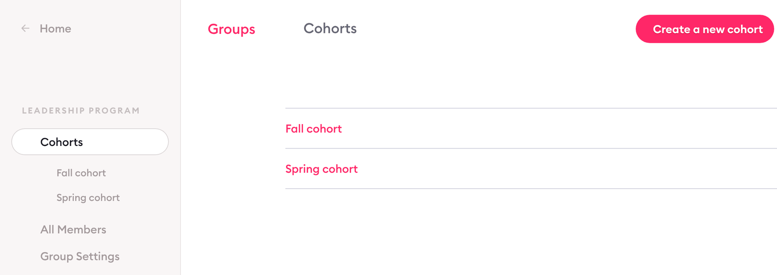 The Cohorts page of the Clarityflow group 'Leadership program', listing a Fall cohort and a Spring cohort, with a 'Create a new cohort' button