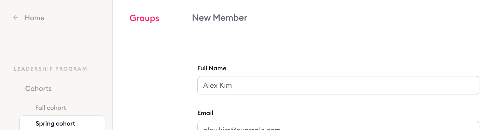 Clarityflow New Member form in the Spring cohort of 'Leadership program', with the full name Alex Kim and the email alex.kim@example.com