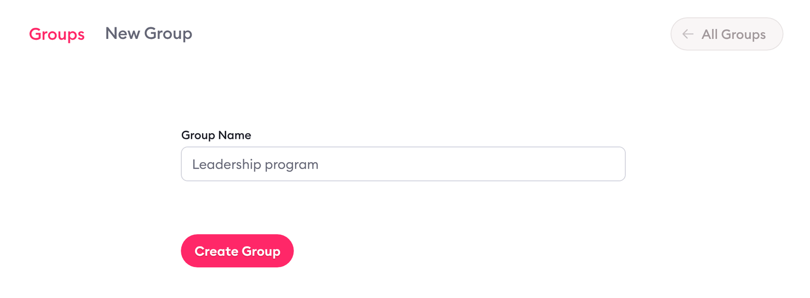 Clarityflow Groups › New Group form with the group name 'Leadership program' entered and a 'Create Group' button