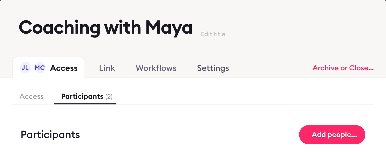 Clarityflow conversation settings for 'Coaching with Maya': the Participants tab, with the coach's and the client's initials and an 'Add people…' button