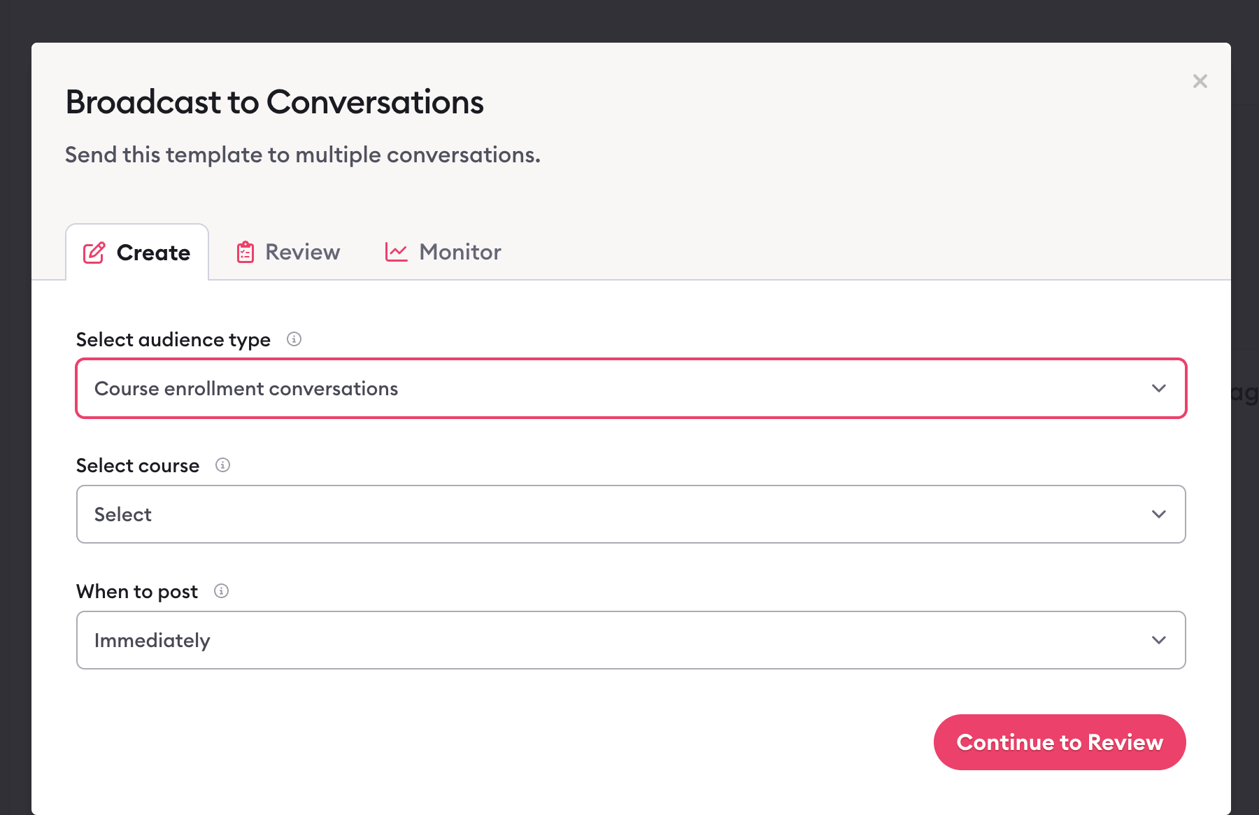 Clarityflow 'Broadcast to Conversations' window on its Create tab, with audience type 'Course enrollment conversations', a course selector and 'When to post' set to Immediately.