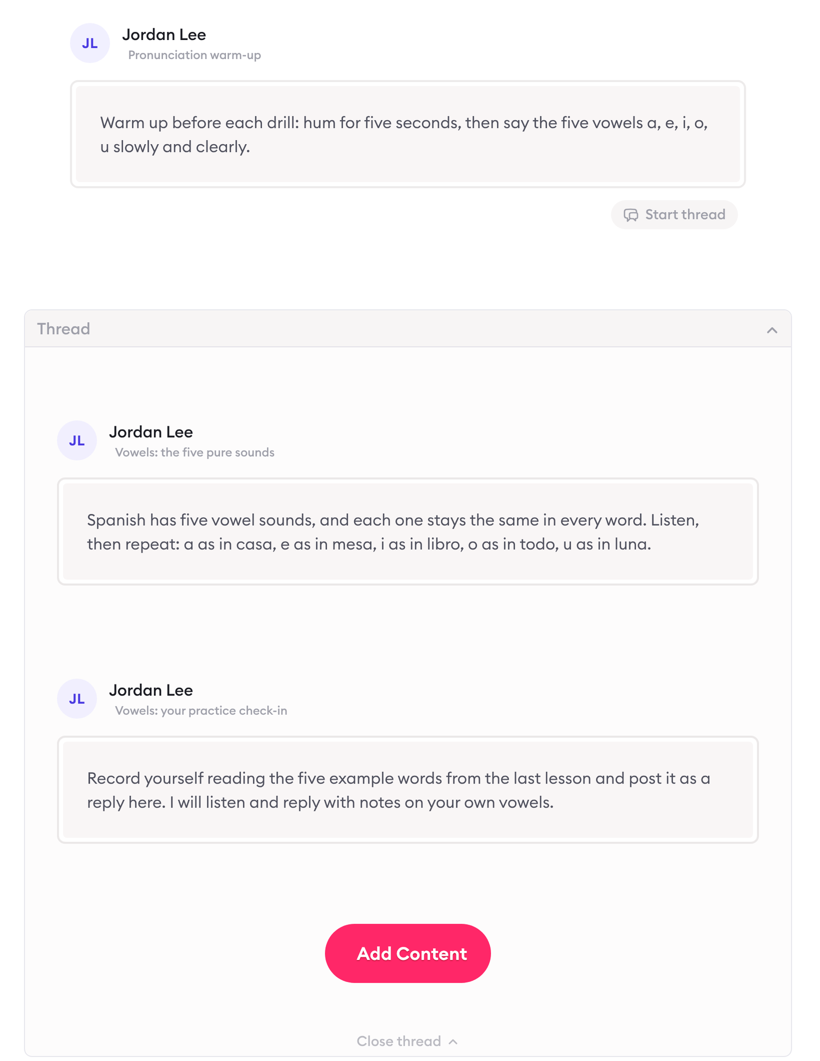 Clarityflow course builder for the sample course 'Spanish pronunciation basics': a 'Pronunciation warm-up' lesson from a message template, then a thread holding two vowel lessons from a thread template.