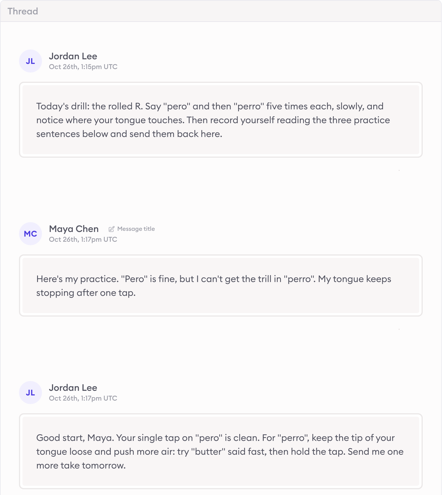 A Clarityflow thread in a sample client's conversation: the coach's inserted rolled-R drill, the client's reply about her practice, and the coach's personal feedback underneath.