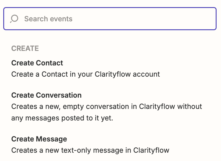 search for an event in Clarityflow's Zapier integration