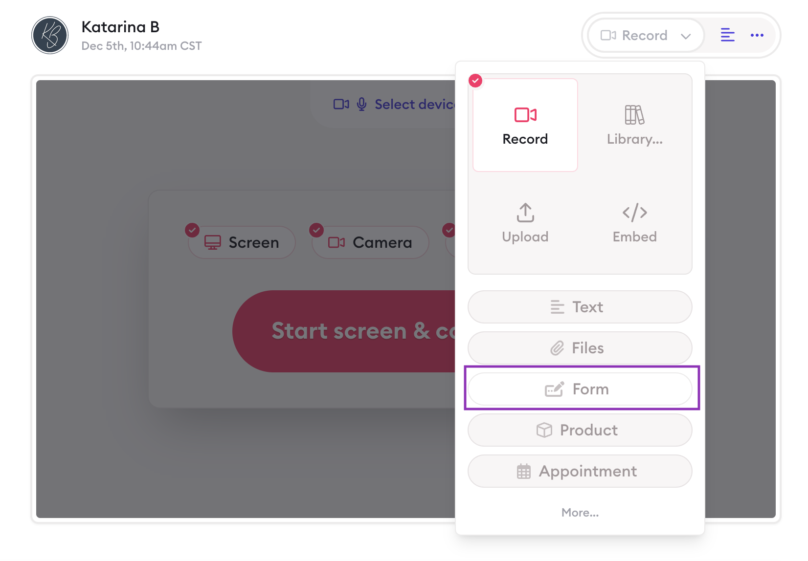 insert a form in a Clarityflow conversation